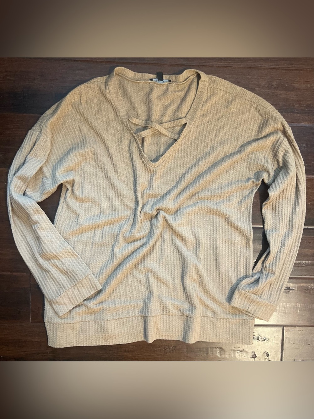 Signature Studio Beige Crisscross V-Neck Waffle Knit Sweater XL